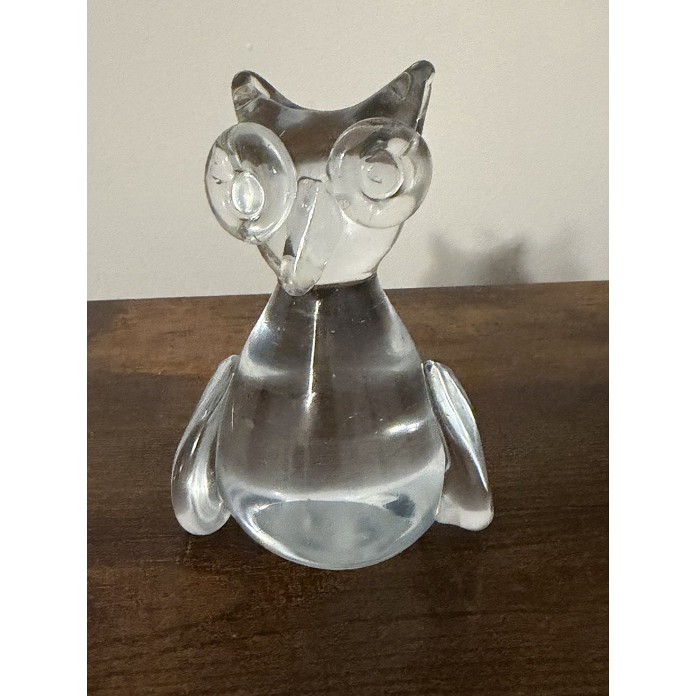 Vintage Blown Art Glass Owl Figurine 4" Clear Modernist Paperweight‎ Decor